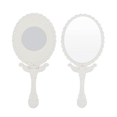 China Personalized Stylish White Round Mirror Portable Plastic Personalized Hand Held Vanity Mirror Makeup Mirror Classical Fashionable Retro for sale