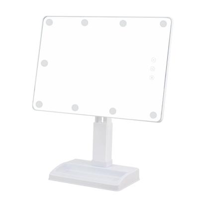 China Three-speed Lighted LED Dimming 360 Degree Rotation White Square Plastic Arbitrary Touch To Switch Makeup Telescopic Standing Vanity Mirror for sale