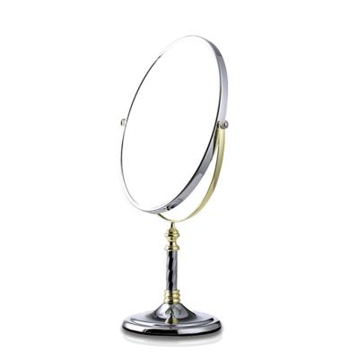 China Fashionable Round Double Sided Arbitrary Double Sided 360 Degree Rotation Gold Metal Plating Side Standing Makeup Desktop Mirror for sale