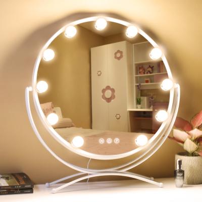 China Round Hollywood Style LED Lighted Table Standing Light Illuminated Large Makeup Vanity Smart Mirror With 11 Bulbs for sale