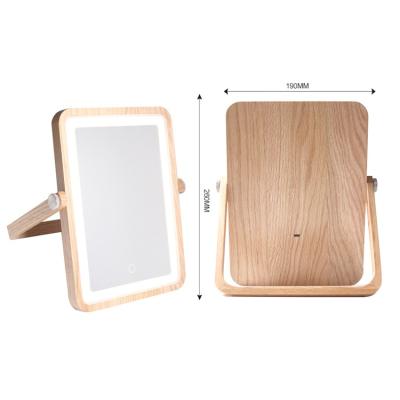 China LED Square Lighted Rechargeable Rustic Wooden Frame Lit Wooden Cosmetic Mirror On Vanity For Bathroom With Led Light for sale