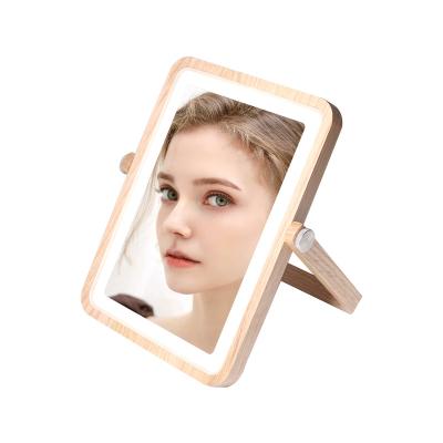 China Rechargeable Rustic Wooden Frame Wooden Frame Square Minimalist LED Makeup Cosmetic Mirror On Vanity Table For Bathroom With Led Light for sale