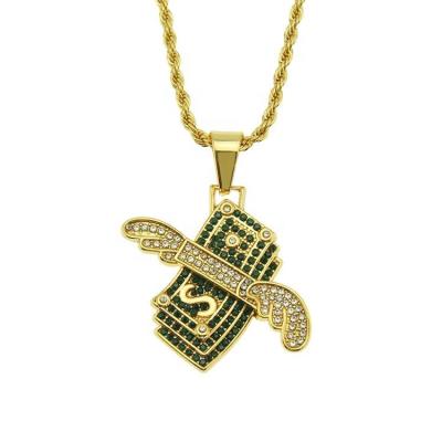 China Hip Hop Alloy Dollar and Diamond Hip Hop Angel Wings Running Pendant Necklace for sale