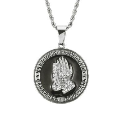 China Hiphop Hip Hop Alloy Hands And Rhinestone Circle Map Oil Running Prayer Pendant Necklace for sale