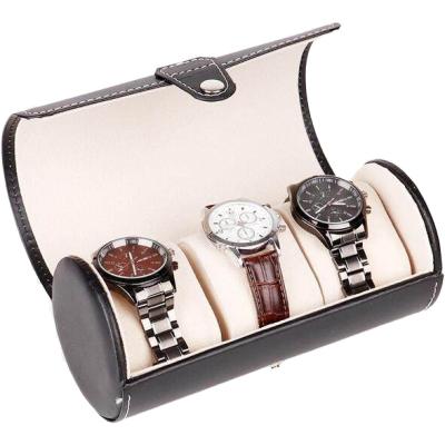 China Handmade PU Leather Black Pillow Inside Round Roll Watch Pocket e Display Case for sale