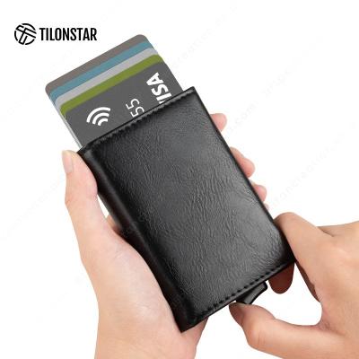 China additional card slots & Custom Logo Men Leather Metal Card Holder Money Pocket With Zipper Pocket Minimalist Aluminum Slim Pop Up Wallets RFID Blocking for sale