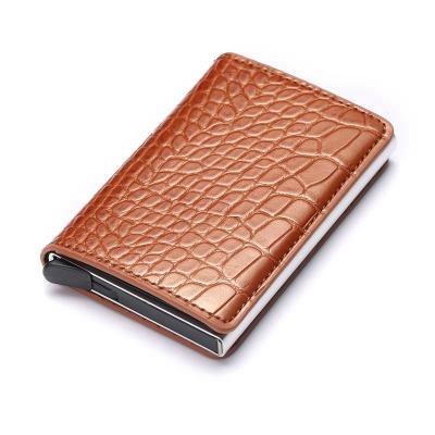 China Card Case Holder Wallet Pop Up RFID Vintage Box Crazy Horse Aluminum Card Wallet for Men and Women Metal Credit Card Holder for sale