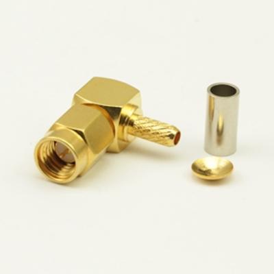 China Enchufe masculino de ángulo recto 18G del conector de cobre amarillo puro del oro SSMA RF para el cable coaxil RG316 en venta