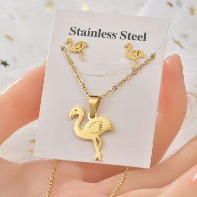 China Custom Made Environmental Friendly Stainless Steel Jewelry For Women Fashion Cute Dragonfly Flamingo Swan Insect Pendant Necklace Earring Jewelry Set for sale