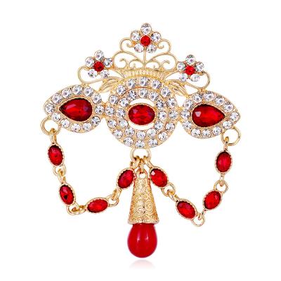 China Luxury New Fashion Dress Decoration Women Chinese Style Brooches Combine Inlaid Shape Crystal Gem Tassel Brooch Red Rhinestone Drop for sale