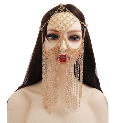 China Environmental Friendly Crystal Beaded Facemask Chain Face Jewelry For Women Dance Performance Accessories Gold Color Tassel Headband Chain for sale