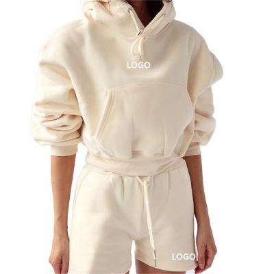 China Custom Spring 2022 Anti-pilling Women's Soft Cotton Tracksuit 2 Piece Shorts And Cropped Hoodie Jogger Set for sale