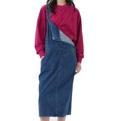 China Custom Plain Denim Dress Anti-static Women's Bib Denim Slope Lattice Leg Pocket Side Button Straight Overall Denim Dress for sale