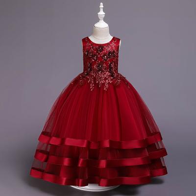 China Fancy Design 3040 Princess Maxi Dresses Baby Party Frocks Flower Appliqued Kids Long Prom Wine Red Anti-Static Baby Dress Dress for sale