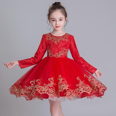 China Autumn And Winter Models Big Lace Dress Anti-static Bridesmaid Red Mesh Wear Children's Clothing Girls Pageant Dresses 1202 for sale