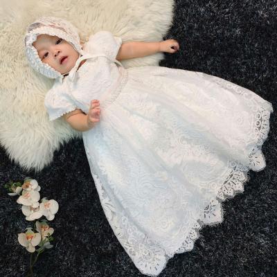 China Anti-wrinkle Baptism Gown Christening Gown Baby Extra Long Dress Gown Lace Up Wedding Wear With Hat B-9778 for sale