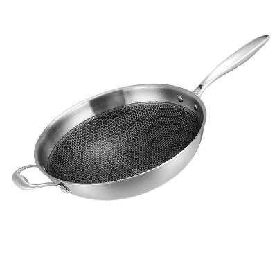 China Non Sustainable Triple Stick Wok Stainless Steel Saucepan High Quality Honeycomb Frying Pan With Glass Lid for sale