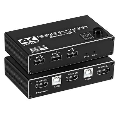 China Aluminum Alloy 2 Port USB KVM Switch HDMI Switcher Support 2PC Computers 3 USB2.0 and 1 HDMI2.0b Port Output for sale