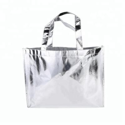 China Free Sample Handled Custom Design Logo Printing Shopping Silver Metallic Laminated Non Woven Tote Bag for sale