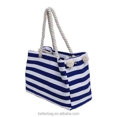 China Eco-Friendly/Reusable/Portable Striped Canvas Bag Cotton Rope Handle Canvas Beach Tote Bag Wholesale for sale