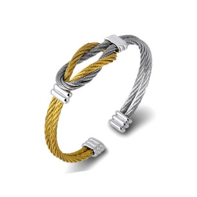 China Personality Punk Mens Gold Double Color Stainless Steel Cable Wire Bangles Luxury Silver Bracelet for sale