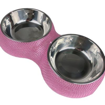 China Sustainable New Design Shiny Bling Diamond Pet Feeding Bowl Crystal Studded Novelty Rolls Travel Pet Bowl for sale