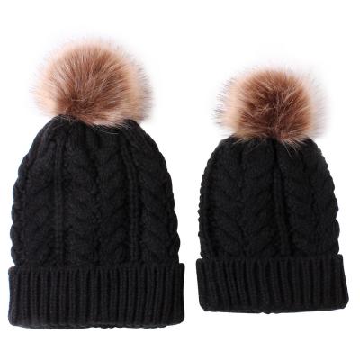 China JOINT Pom Pom Winter Crochet Beanie Hat Mom and Baby High Quality Infant Knitted Warm Hat Set for sale