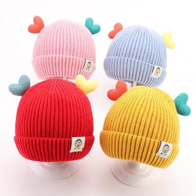 China Winter Baby Casual Newborn Warm Hat Lovely Heart Decorations Ears Knitted Beanies 1~3 Years Toddler Baby Wool Hats for sale