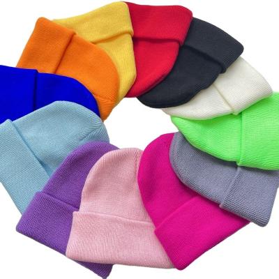 China JOINT Parent-child Multi Colors Plain Dyed Ski Beanies Soft Stretch Acrylic Knitted Warm Hats Winter Baby Hats for sale