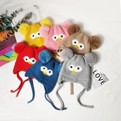 China 2022 New Baby Crochet Beanie Cap Bird Pattern Cute Pom Pom Chin Tie Earflap Winter Hats Knitted Casual Style for sale