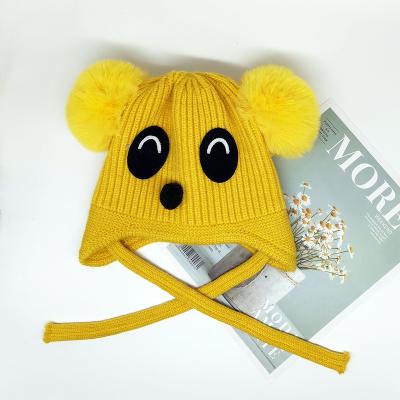 China Character Unisex Babies Custom Pompom Knit Beanie Cute Mouse Double Layers Hearing Protection Kids Knitted Winter Hats for sale