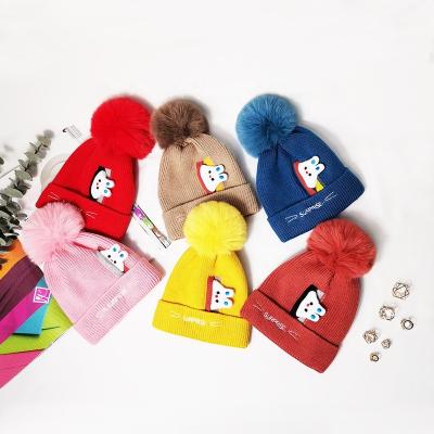 China Hot Cartoon Beanie Cute Rabbit Children Pom Pom Knitted Kids Winter Fashion New Arrival Baby Hat Plush Woolen Hat for sale