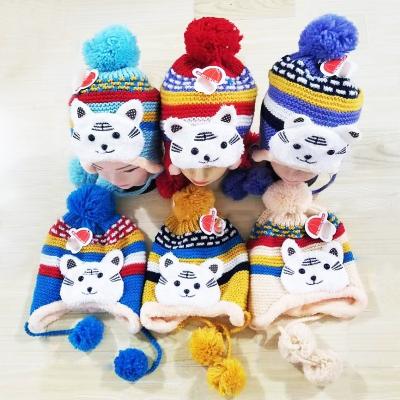 China Casual Kids Winter Keep Warm Beanies Cat Coral Fleece Lining Cute Cardboard EarflapsToddler Baby Knit Hats Caps for sale