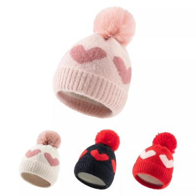 China COMMON Cute Warm Woolen Yarn Knitted Kids Hat Winter Pom Pom Beanie Cap Love Pattern Baby Girls Hat for sale