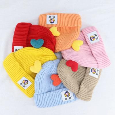 China Custom Cute Newborn Heart Casual Cute Ears Baby Warm Hat 1~3 Years Kids Woven Label Knit Beanies Hats for sale