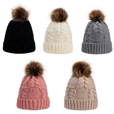 China COMMON Hot Selling Kid Knitted Wool Fuzzy Pompom Baby Winter Hem Hat Beanies Fashion Warm Hats For Toddler Kids for sale