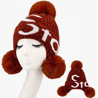 China Soft Warm Organic Cotton Knitted Earmuffs Pom Pom Winter Hat Girls Cold Beanie Hat Children COMMON Students for sale