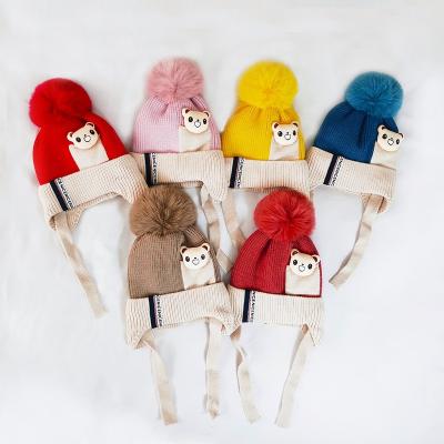 China Creative Cute Cartoon Beanie Kids Knitted Fur Pom Pom Woolen Cap Lovely Winter Baby Bear Warm Hat COMMON Earmuffs for sale