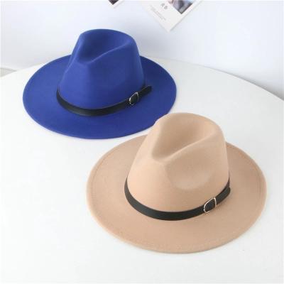 China European and American Style Fashion Solid Color Brim Fedora Hats Belt Buckle Trilby Wide Round Cover Felt Fedora Hats for Vintage Ladies Kids for sale