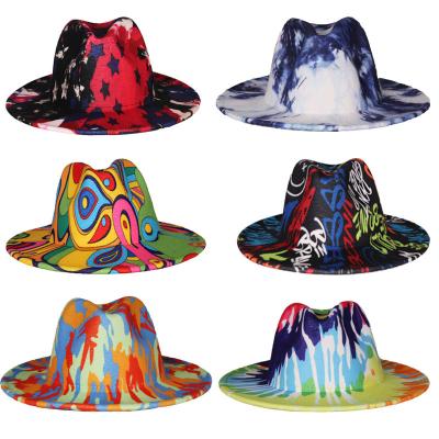 China Formal Unisex Jazz Top Hats Woolen Felt Panama Party Hats Clown Pattern Printing Trilby Tie Dye Wide Brim Fedora for sale