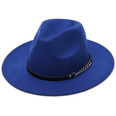 China Female Black Chain Band Fedora Hats Vegan Material Decorated Casual Wide Flat Brim Leather And Metal Band Fashion Felt Panama Hat for sale