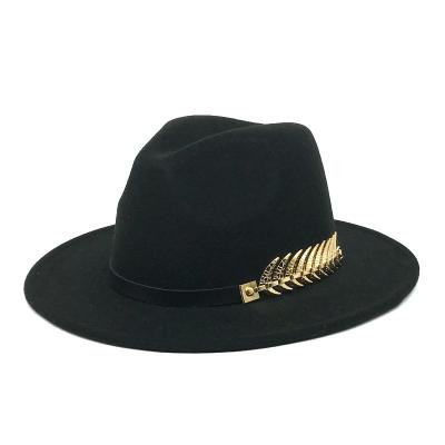 China Cheap Formal Fedora Hats Manufacturer Amazon Hot Selling Large Jazz Belt Panama Hat Top Hat Gold Leaf Fishbone Brim For Ladies Women for sale