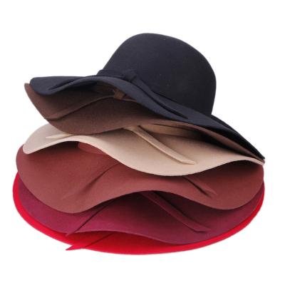 China Fashion Women Elegant Floppy Disc Felt Fedora Hats Ladies Dress French Style Capeline Solid Color Brim Wide Dome Hats With Bow Tie for sale