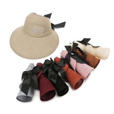 China Women Summer Outdoor Striped Bow Tie Sun Hat Roll Up Wide Brim Beach Straw Hat UV Protection Sunshade Sun Hat for sale