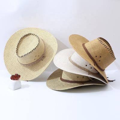 China Checked Wholesale Cheap Cowboy Hat Wide Brim Parasol Straw Hat Women Men Breathable Beach Sun Western Hat for sale