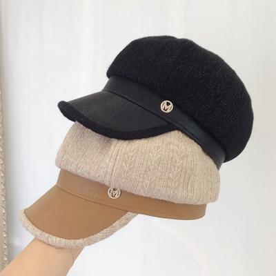 China Fashion Autumn And Winter Women Visor Beret Hat Brim Leather Wadding Mixed Knitted Stripped Fashion Octagonal Hat Ladies Warm Hat for sale