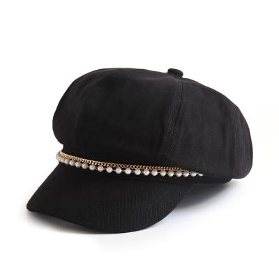 China Fashion Retro Navy Octagonal Military Hat Girls Pearl Chain Hat Female Celebrity Style Sun Visor Beret for sale