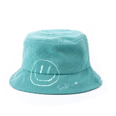 China Sun Protection / Spring Summer High Quality Bucket Hat Decoration Kids Outdoor Travel Kids Sun Hat Embroidered Smiling Baby Cute Fisherman Hat With String for sale