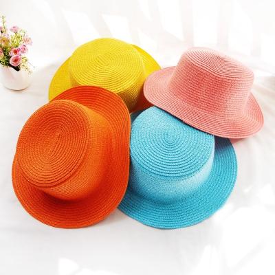 China Solid Color Summer Women Straw Hat Outdoor Beach Wide Brim Sunshade Lady Fashion Flat Top Straw Hat Striped Simple Hat for sale