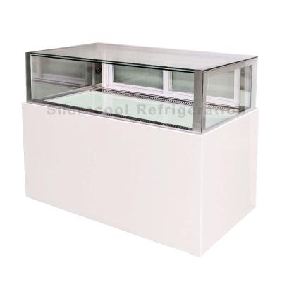 China Single-temperature 2.0m sliding door type ultra clear 45 degree meter common glazed glass chocolate display refrigerator for sale